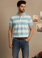 SN349 men’s aqua white cotton piqué striped polo shirt close-up showing textured fabric and polo collar.