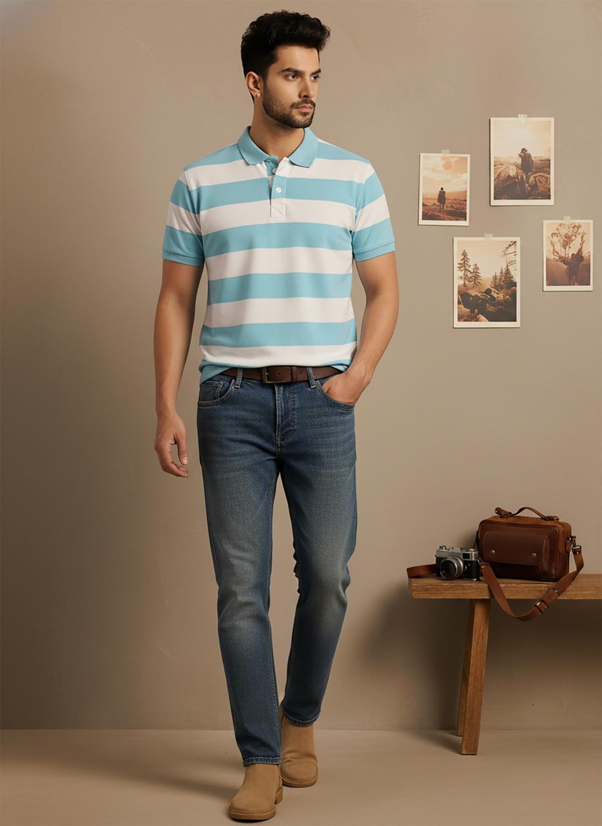 SN349 men’s aqua white cotton piqué striped polo shirt walking pose styled with denim for casual wear.