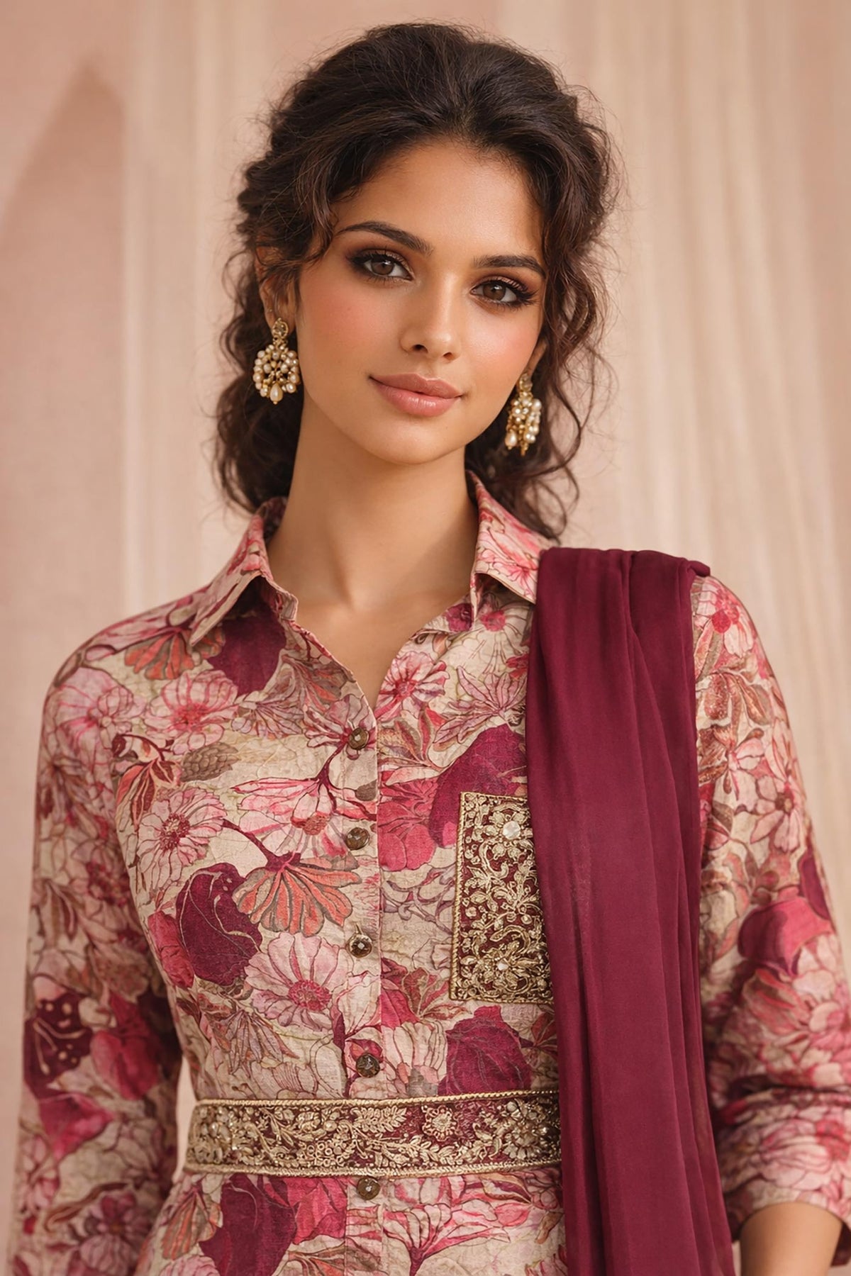 Maroon floral kurta set close-up showing shirt collar, gold embroidery belt, and dupatta.