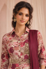 Maroon floral kurta set close-up showing shirt collar, gold embroidery belt, and dupatta.