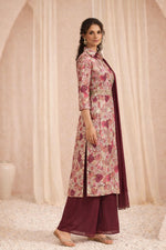 Maroon floral kurta set side view highlighting straight silhouette and palazzo pants with sandals.