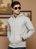 SN351 men’s light grey cotton blend zip hoodie closeup showing hood, drawstrings and full-zip detail.
