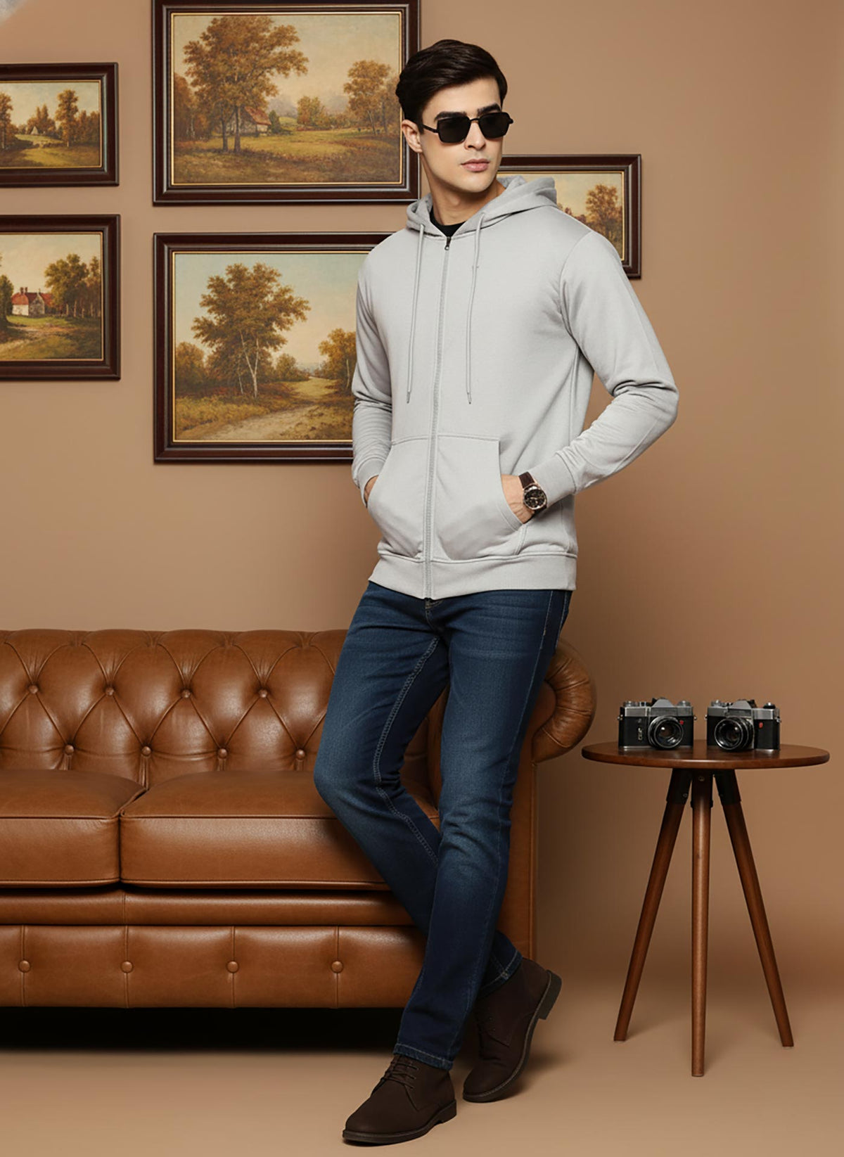 SN351 men’s light grey cotton blend zip hoodie side pose highlighting long sleeves and relaxed fit.
