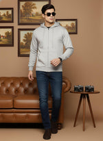 SN351 men’s light grey cotton blend zip hoodie walking pose styled with dark jeans and brown shoes.
