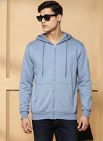 SN352 men’s powder blue cotton-blend zip hoodie closeup showing hooded neckline, front zipper and kangaroo pockets