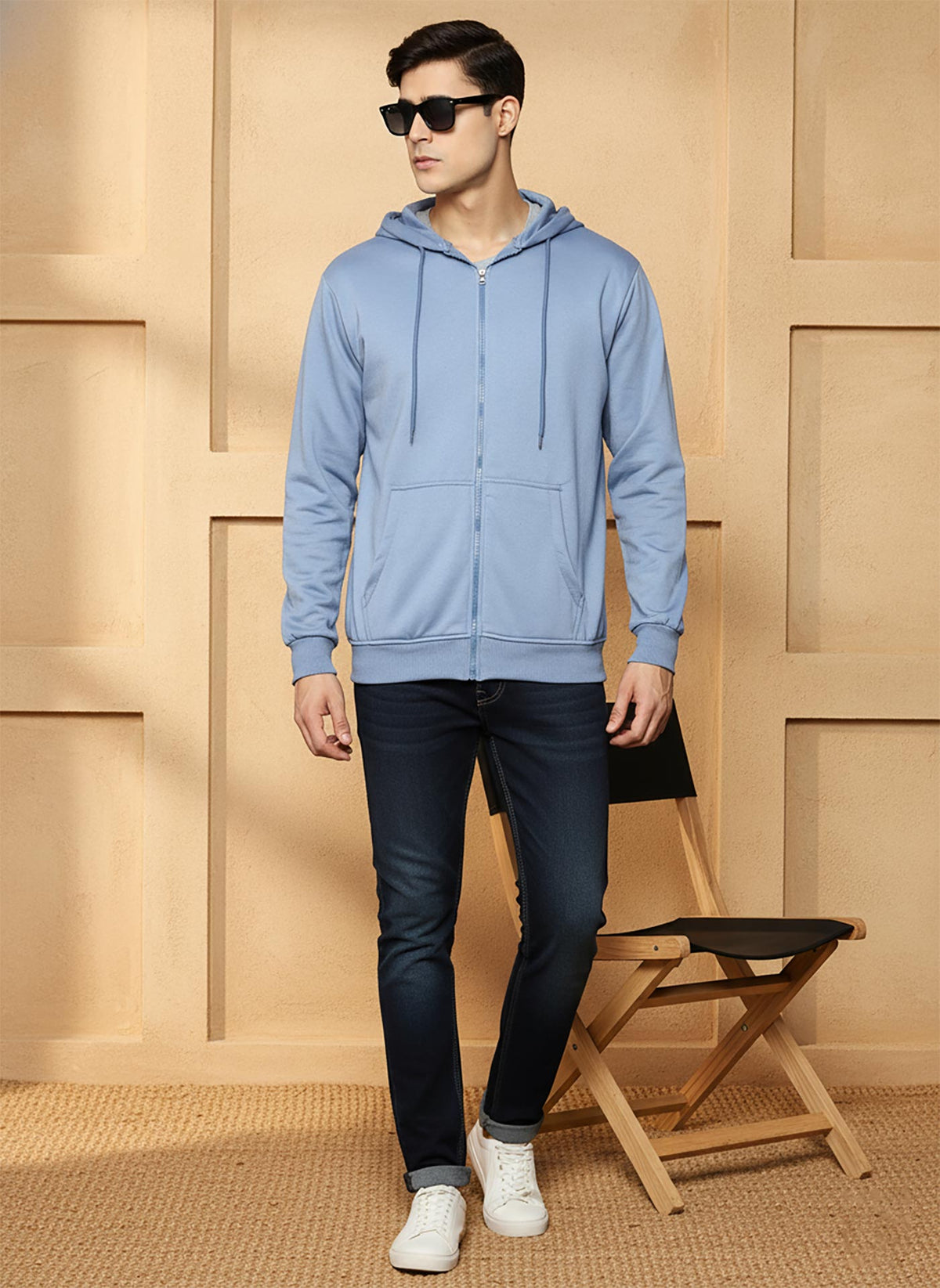 SN352 men’s powder blue cotton-blend zip-up hoodie with hood and long sleeves, front pose styled with dark jeans and sneakers