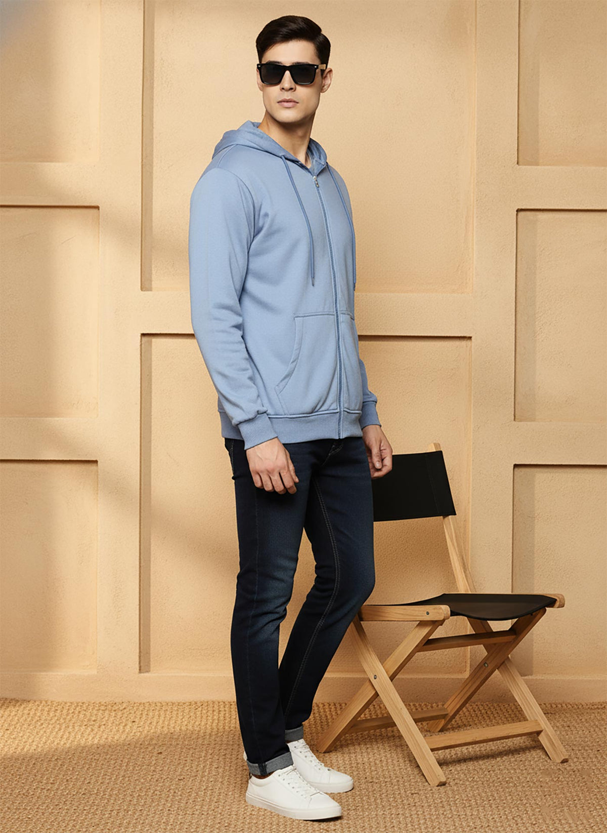 SN352 men’s powder blue cotton-blend long sleeve zip-up hoodie, side pose highlighting relaxed fit and ribbed cuffs