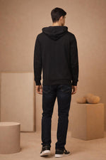 SN353 black cotton fleece full-zip hoodie for men back pose showing hood design and regular fit