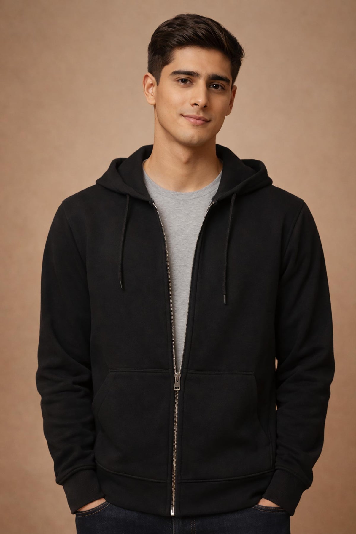 SN353 black cotton fleece hoodie closeup showing full-zip front, hood detail and ribbed cuffs