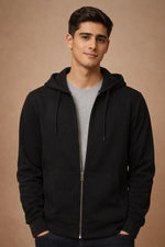 SN353 black cotton fleece hoodie closeup showing full-zip front, hood detail and ribbed cuffs