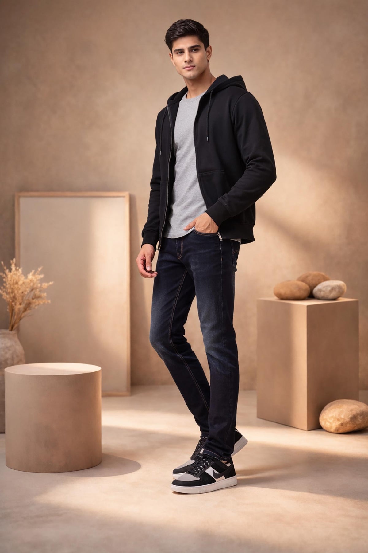 SN353 black cotton fleece full-zip hoodie for men side pose with hood and regular fit silhouette