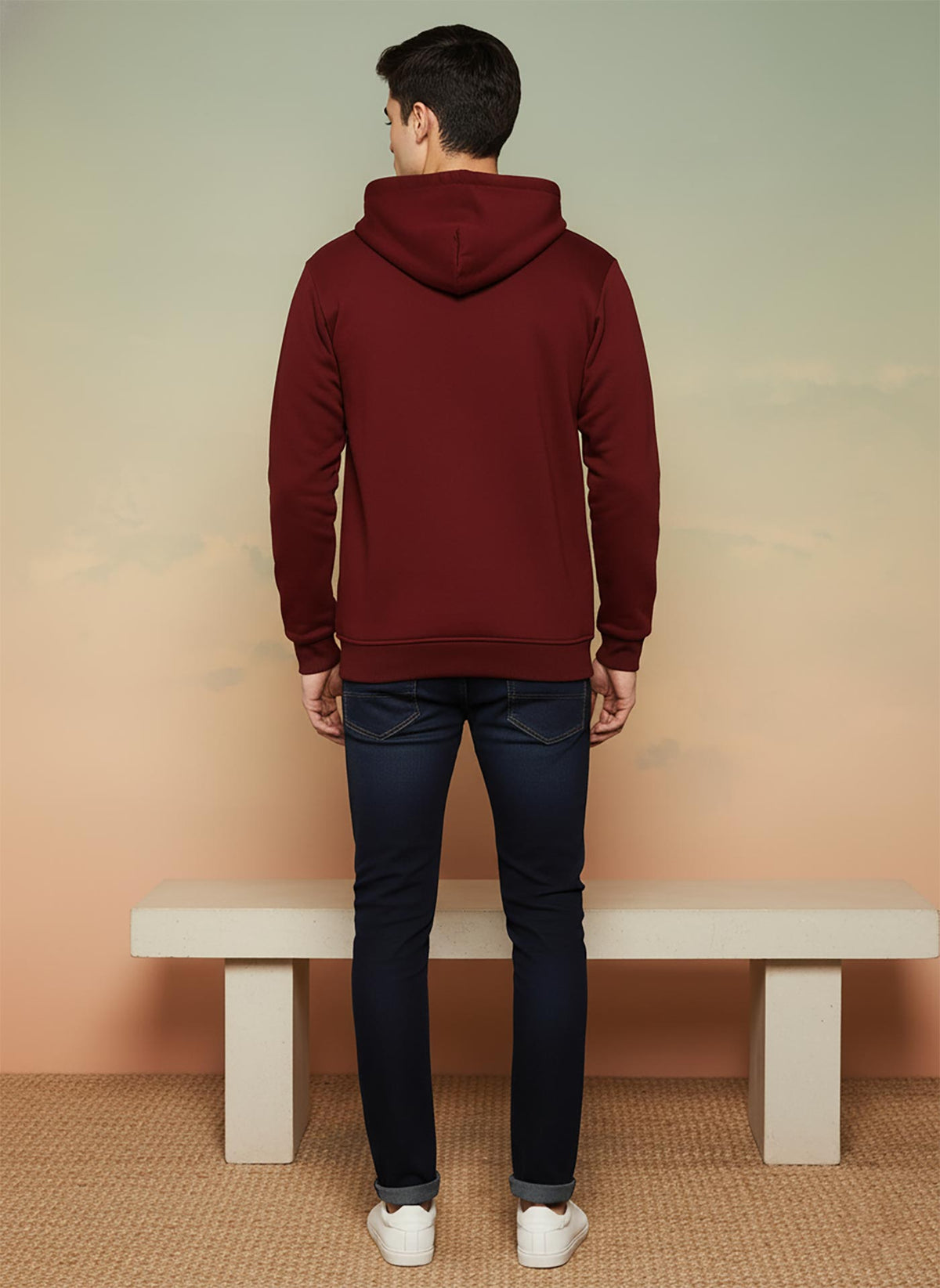 SN354 men’s maroon cotton fleece zip-up hoodie with long sleeves and hood, back pose showing clean silhouette