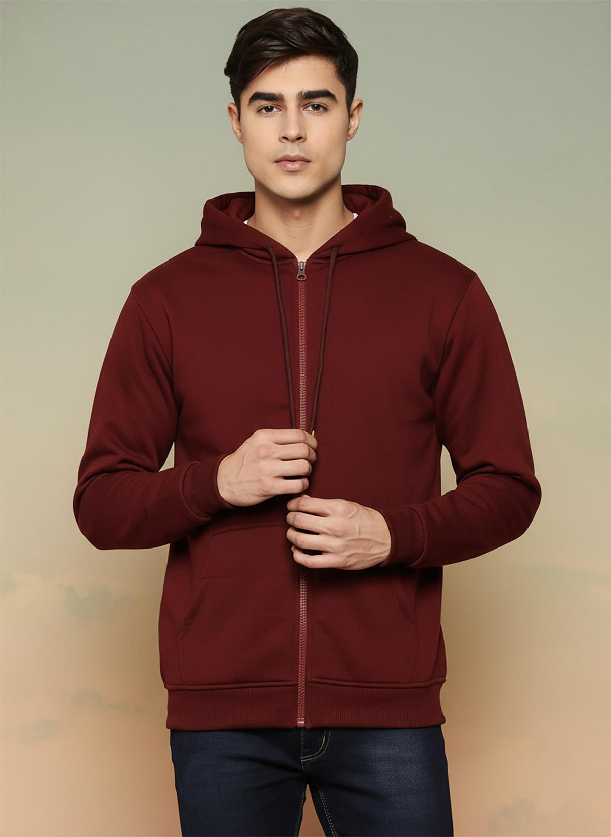 SN354 men’s maroon cotton fleece zip-up hoodie featuring drawstring hood and front zipper, closeup pose