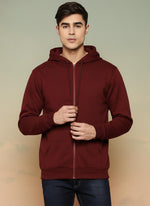 SN354 men’s maroon cotton fleece zip-up hoodie featuring drawstring hood and front zipper, closeup pose