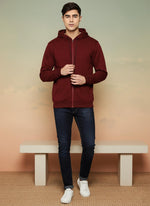 SN354 men’s maroon cotton fleece zip-up hoodie with long sleeves and drawstring hood, front pose styled with denim and sneakers