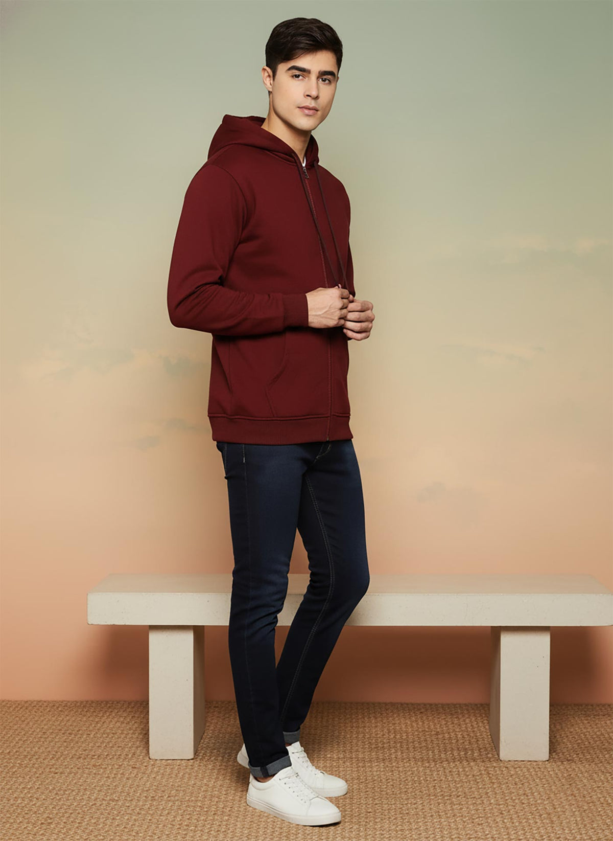 SN354 men’s maroon cotton fleece long sleeve zip-up hoodie with hood, side pose showing clean regular fit
