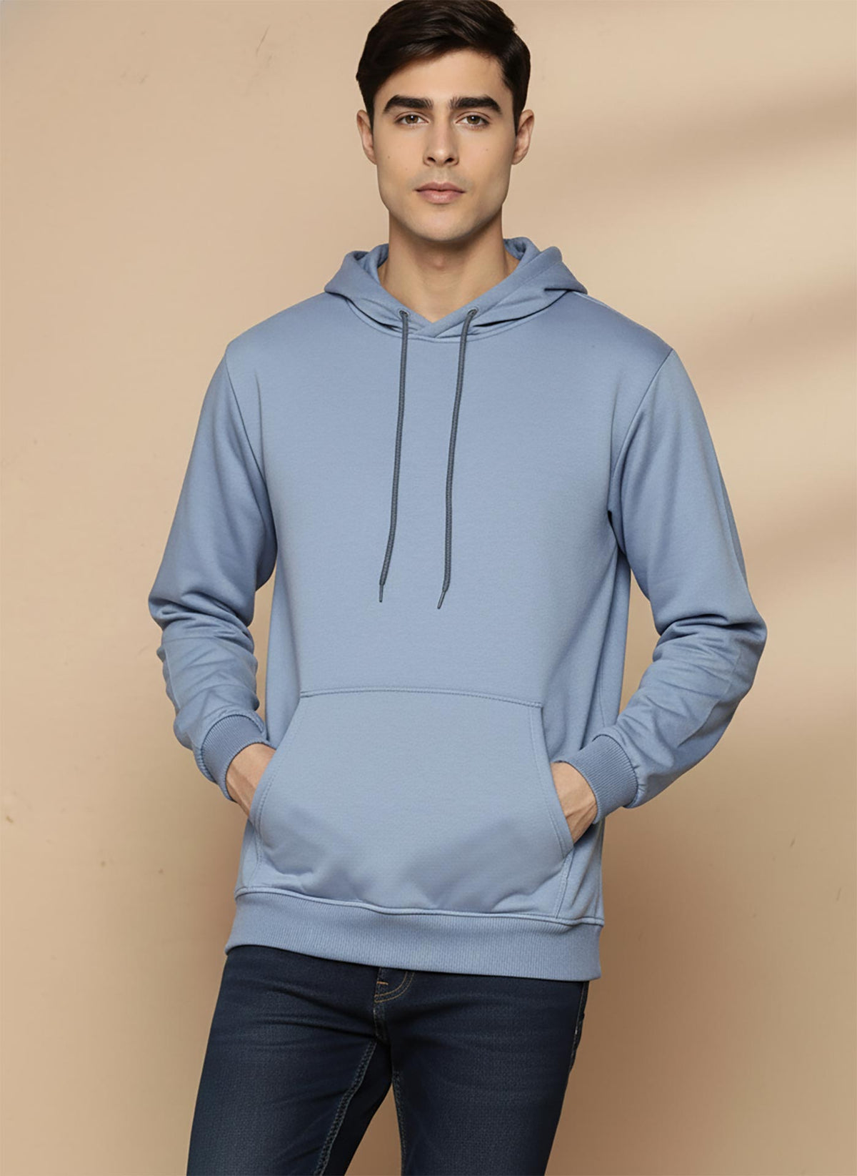 SN355 men’s powder blue fleece hoodie close-up, soft fabric texture with hood and drawstrings