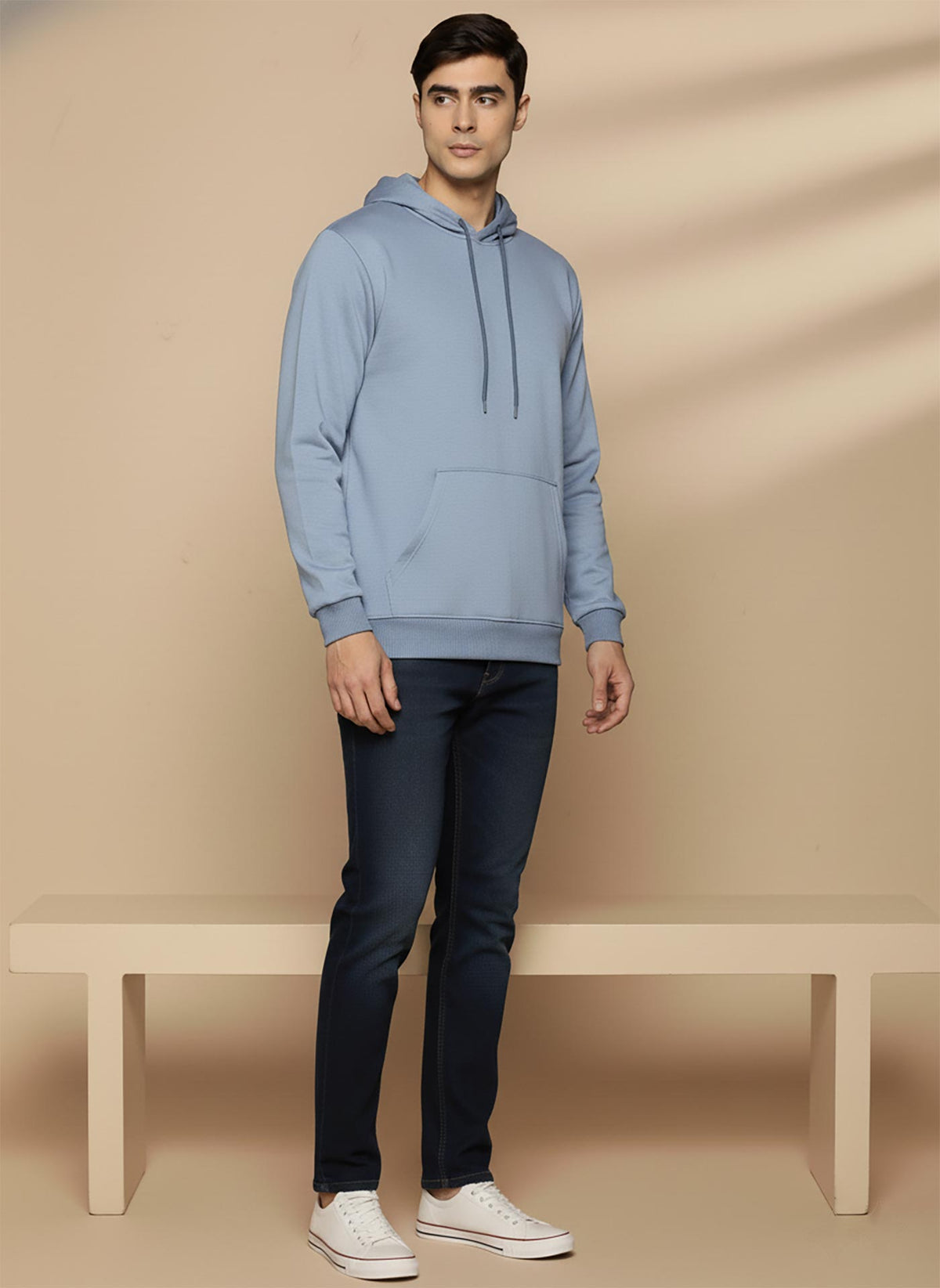 SN355 men’s powder blue fleece hoodie, long sleeve pullover with hood, side view fit and silhouette