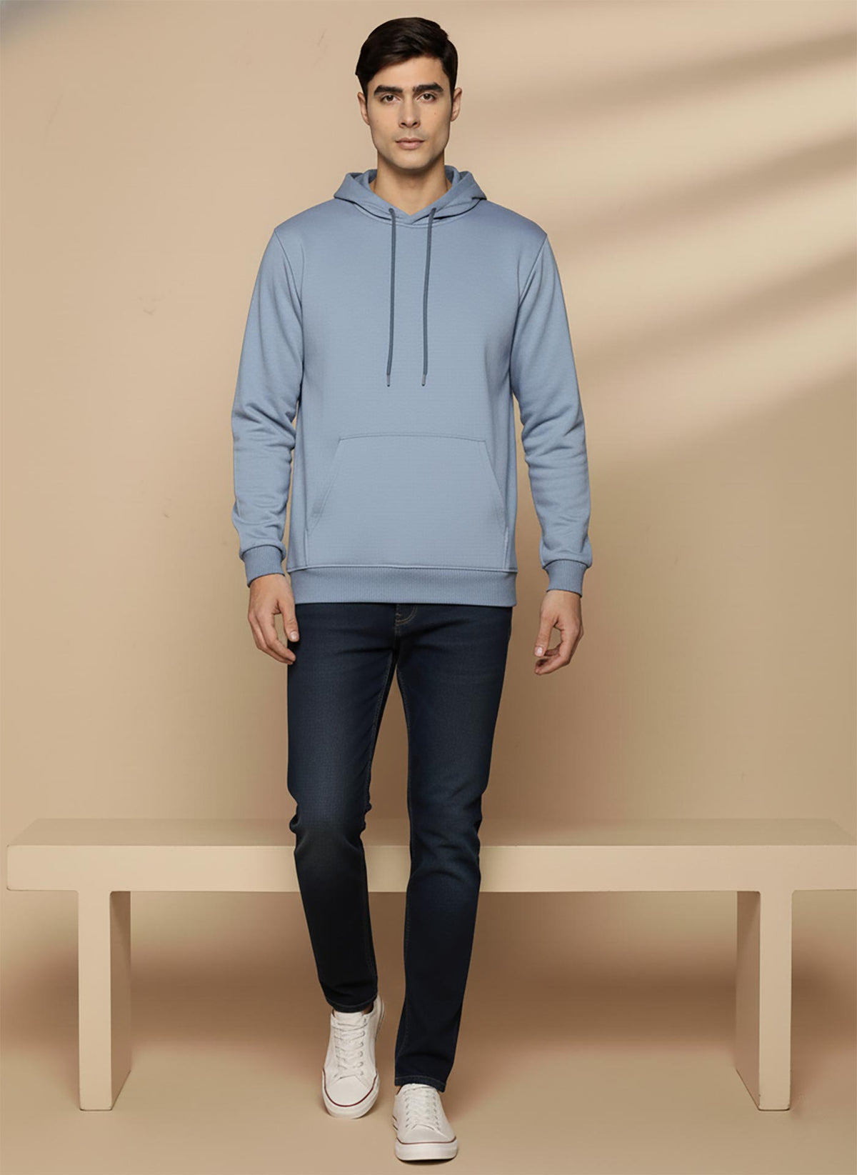 SN355 men’s powder blue fleece hoodie, casual pullover with hood, walking pose for everyday wear