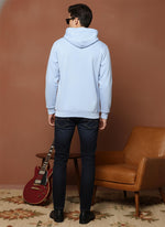 SN358 men’s light blue cotton fleece hoodie with hood and ribbed hem, back view