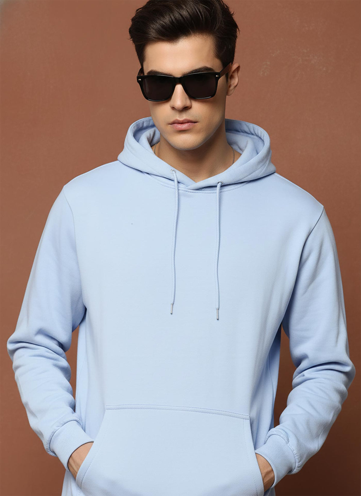 SN358 men’s light blue cotton fleece hoodie with adjustable hood and long sleeves, close-up upper body view