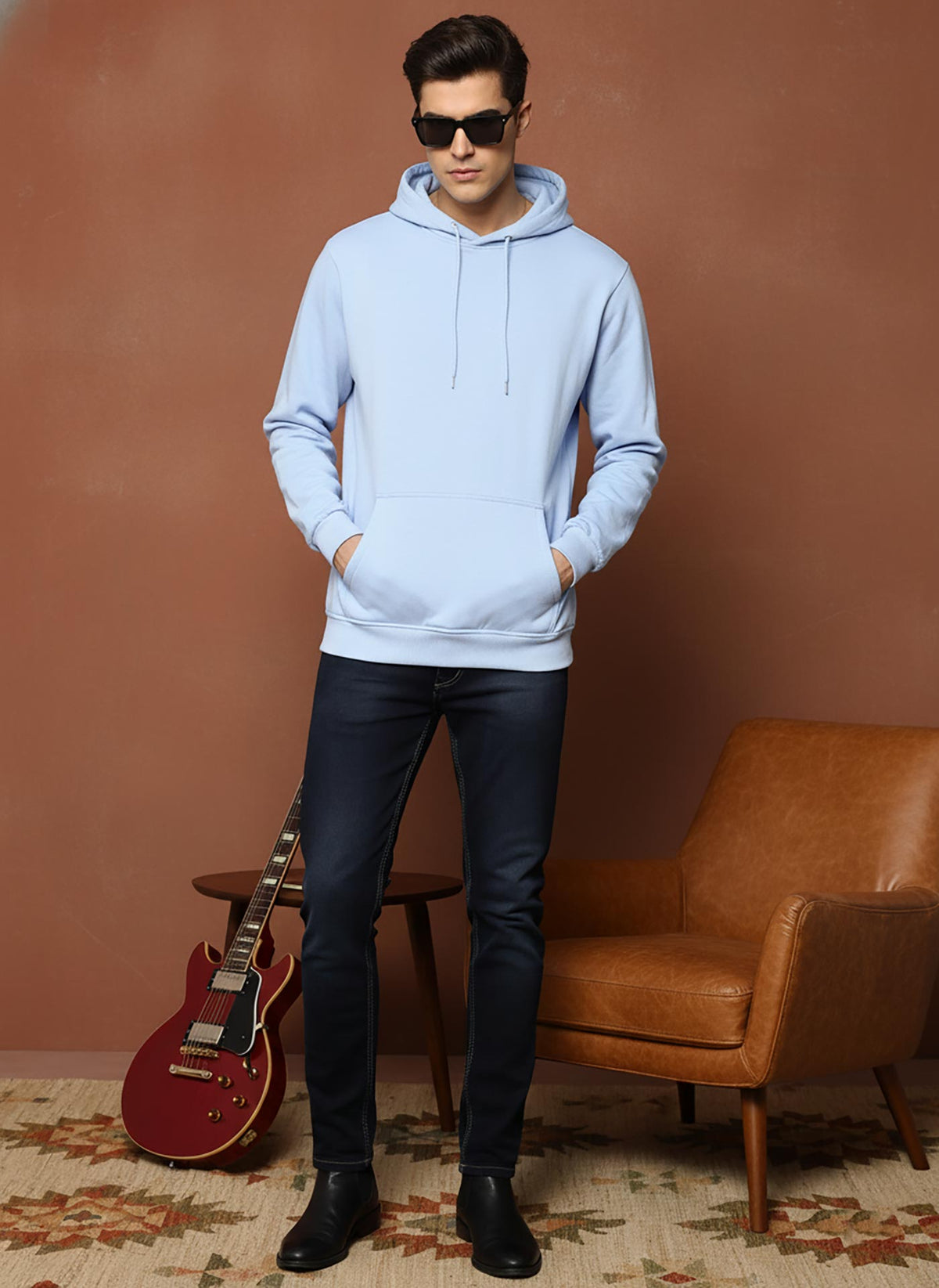 SN358 men’s light blue cotton fleece hoodie with kangaroo pocket and drawstring hood, front view full-length styling