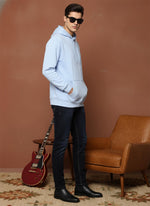 SN358 men’s light blue cotton fleece hoodie with ribbed cuffs and hem, side profile view