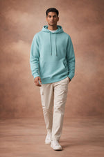 SN359 men’s pastel green cotton blend hoodie styled for casual wear in walking pose