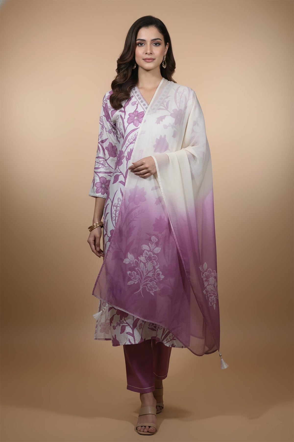 Ivory mauve floral kurta set with ombre dupatta, straight pants, front view styled with nude heels.