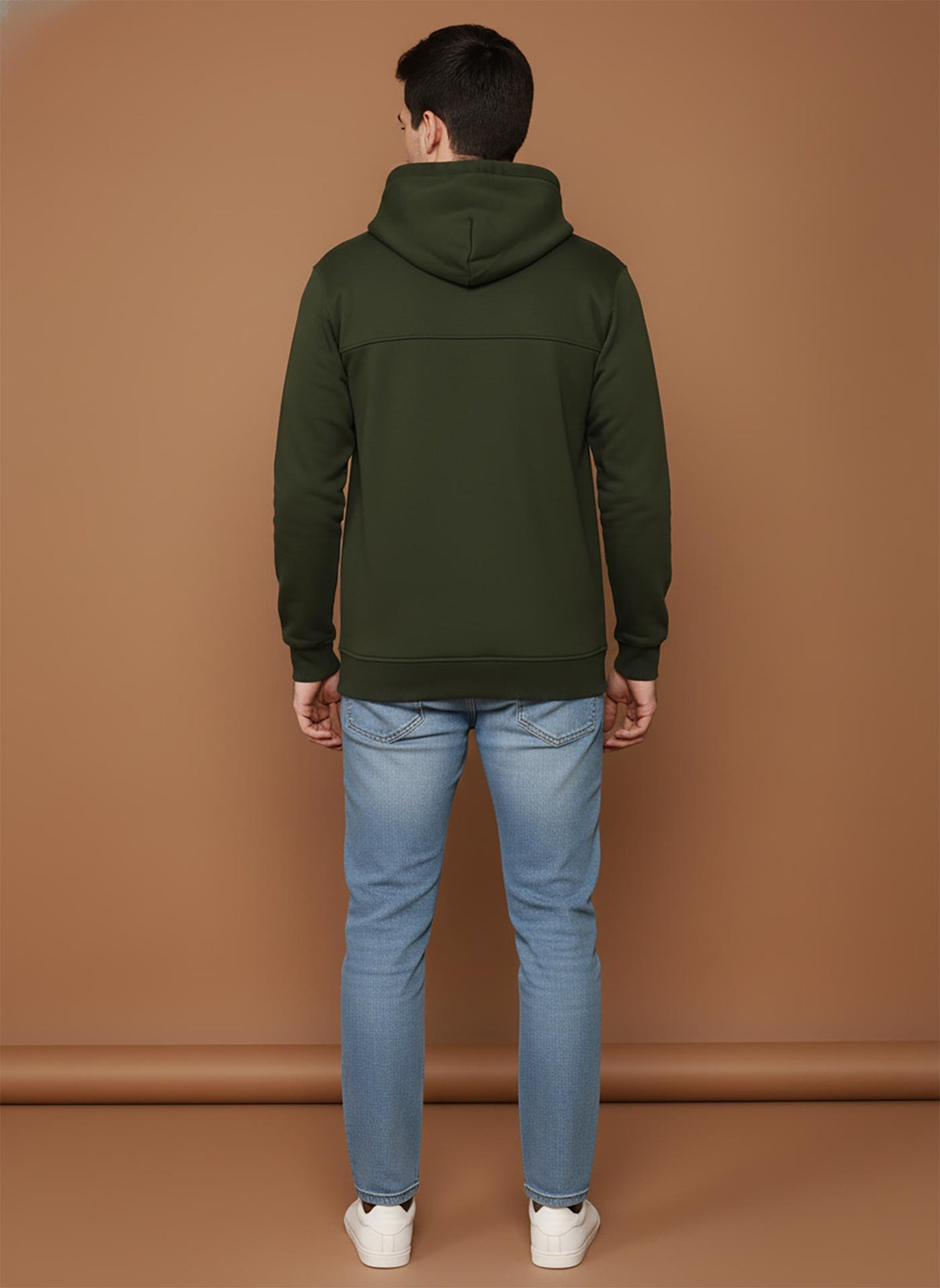 SN360 men’s olive green cotton fleece hoodie back view with hood and long sleeves in a clean minimal design