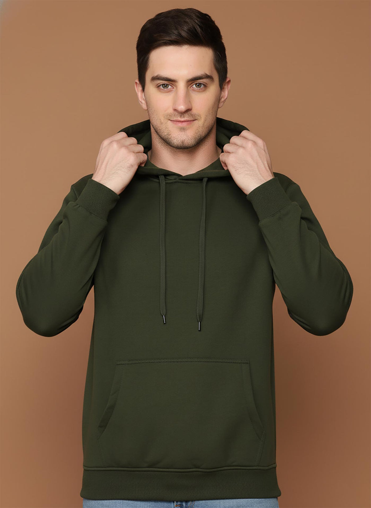 SN360 men’s olive green hoodie close-up showing hooded neckline, drawstrings and fleece fabric detail