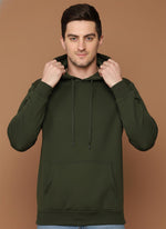 SN360 men’s olive green hoodie close-up showing hooded neckline, drawstrings and fleece fabric detail