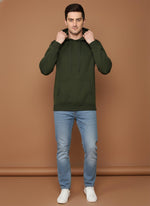 SN360 men’s olive green cotton fleece hoodie with long sleeves and kangaroo pocket front view styled with jeans