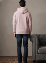 SN361 men’s soft pink cotton fleece hoodie back pose showing clean silhouette and ribbed hem detailing