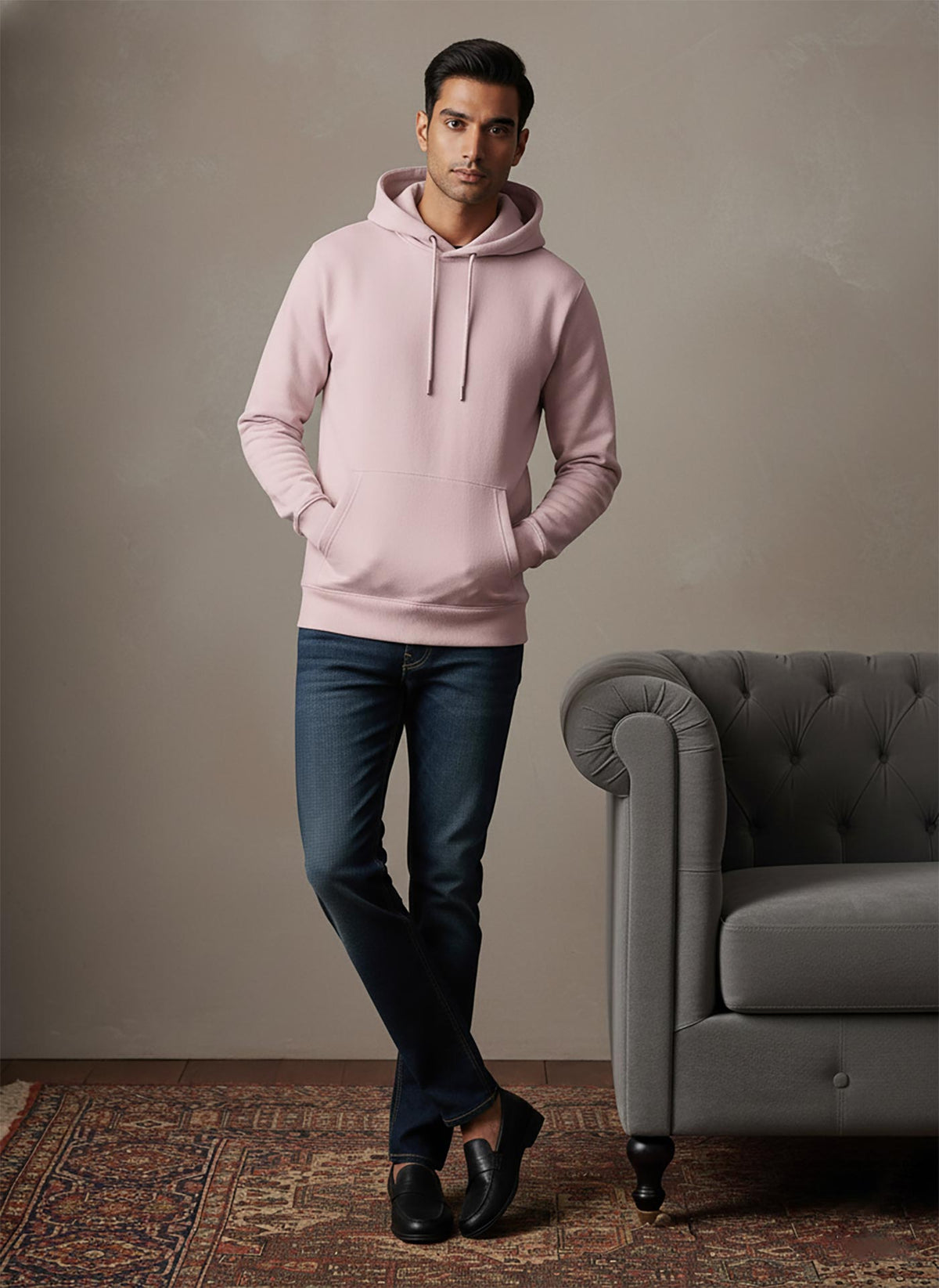SN361 men’s soft pink cotton fleece hoodie with long sleeves and kangaroo pocket, front pose styled with jeans and loafers