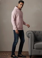 SN361 men’s soft pink cotton fleece hoodie side pose highlighting relaxed fit and full-length sleeves