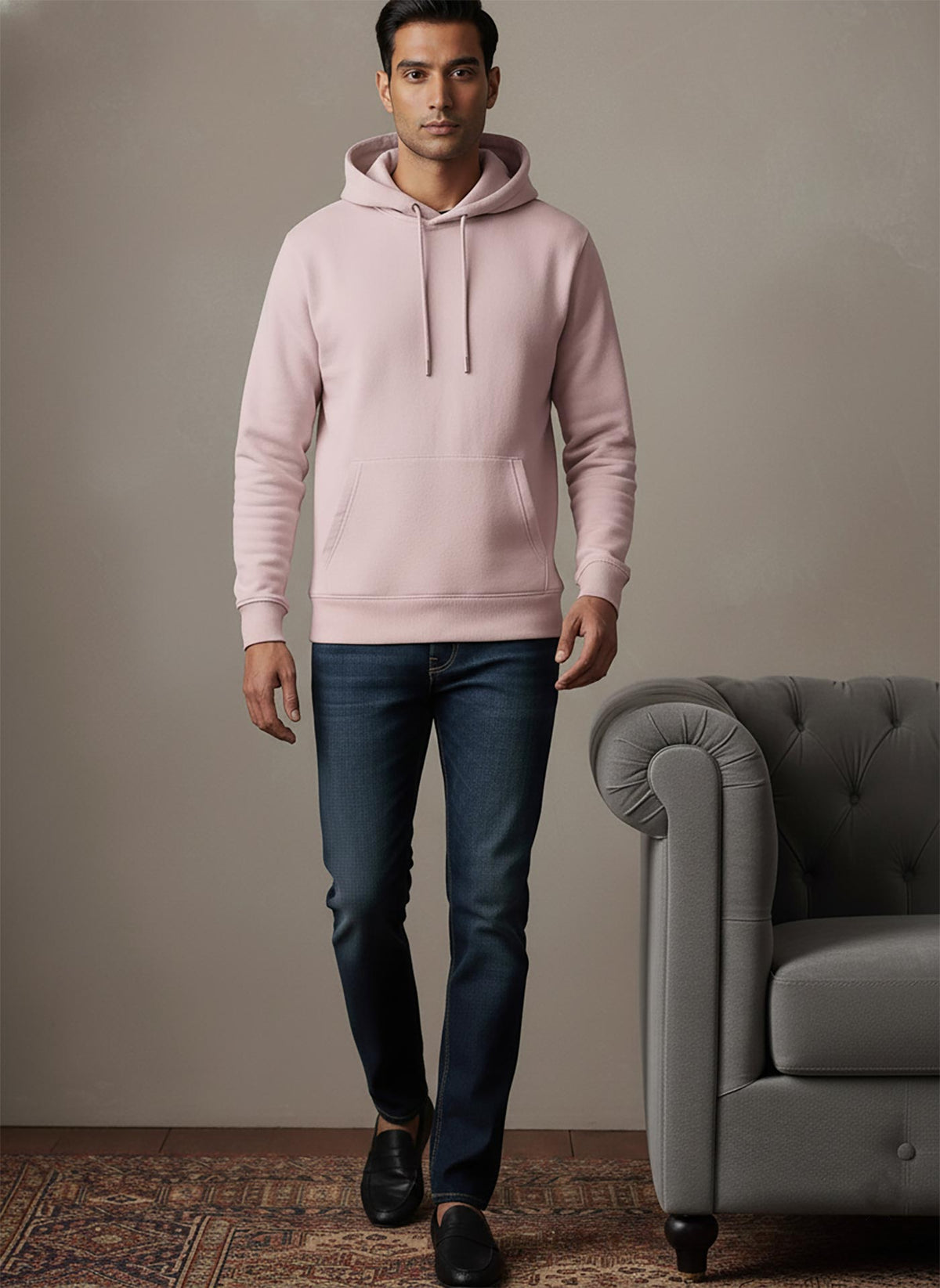 SN361 men’s soft pink cotton fleece hoodie walking pose styled casually with slim jeans and black loafers
