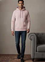 SN361 men’s soft pink cotton fleece hoodie walking pose styled casually with slim jeans and black loafers