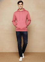 SN362 men’s rose pink cotton fleece hoodie with long sleeves and kangaroo pocket, front pose view.