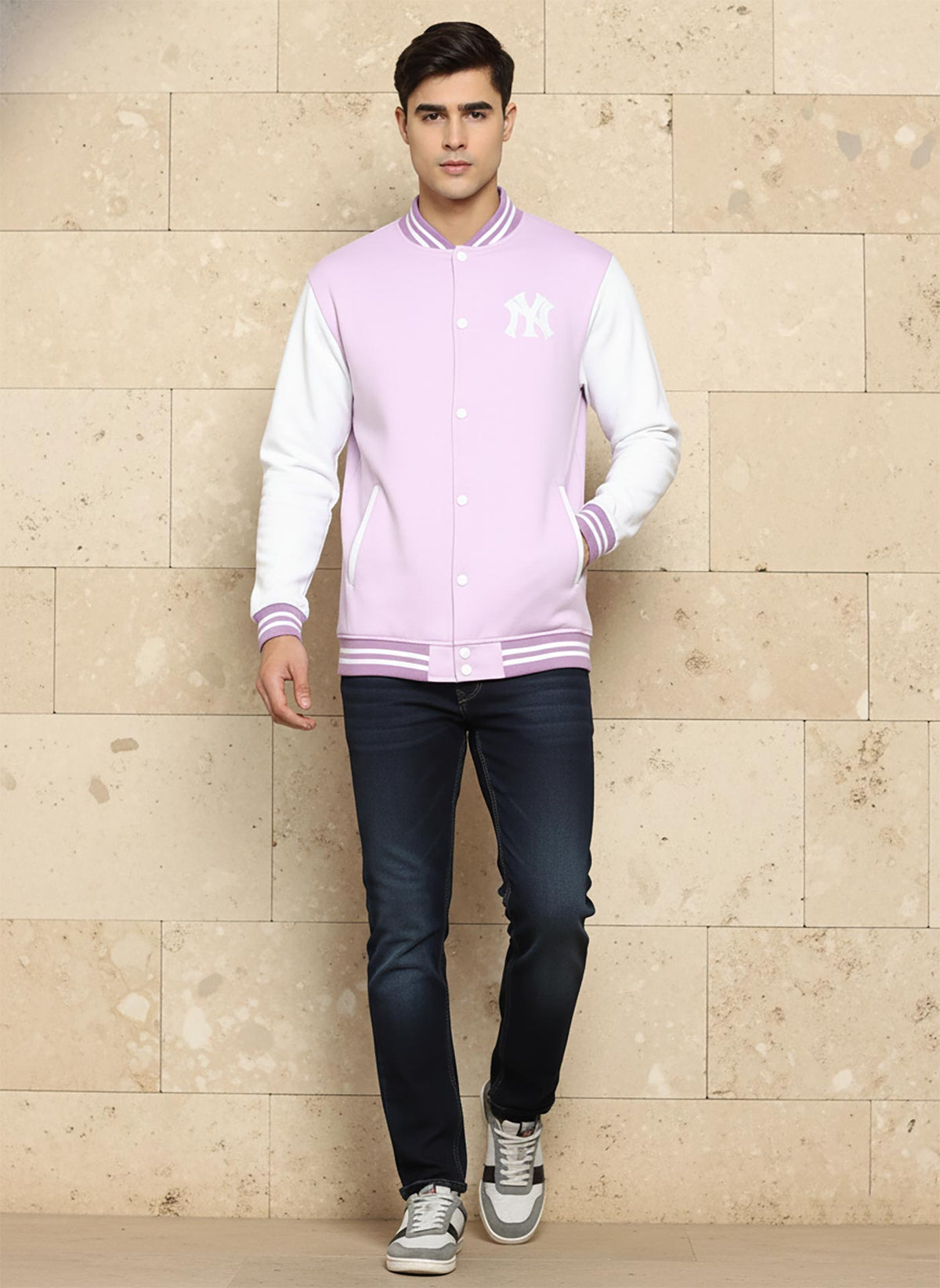 SN363 lilac fleece varsity jacket for men in casual walking pose with relaxed fit and sporty style