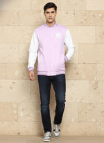 SN363 lilac fleece varsity jacket for men in casual walking pose with relaxed fit and sporty style