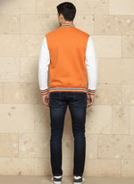 SN364 men’s orange cotton blend varsity jacket with long contrast sleeves, regular fit back pose view.