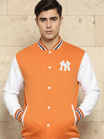 SN364 men’s orange varsity jacket closeup showing ribbed collar, snap buttons, and contrast long sleeves.