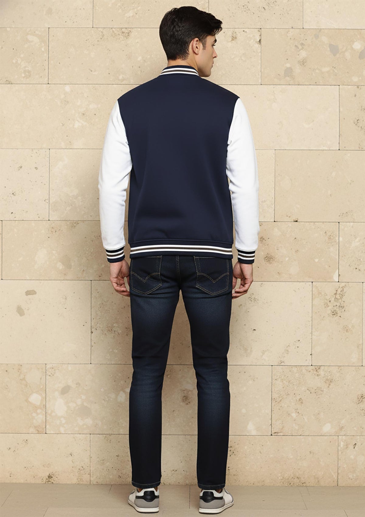 SN365 men’s navy cotton blend varsity jacket back view with white sleeves and ribbed hem detail