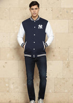 SN365 men’s navy cotton blend varsity jacket with long sleeves, snap buttons and ribbed collar front view styled casually
