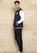 SN365 men’s navy and white varsity jacket side view with long sleeves, ribbed cuffs and structured fit