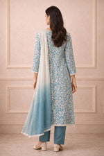 Powder blue floral kurta set back view with ombre dupatta drape and straight-fit pants.