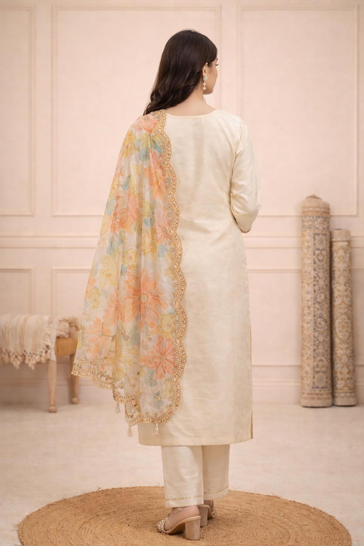 Ivory straight kurta set with floral dupatta drape, minimal back design, straight pants, block heels, rear view.