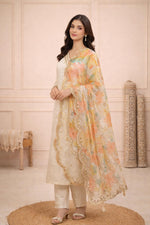 Ivory kurta pant set side angle, floral dupatta with scalloped border, embroidered detailing, ethnic heels.