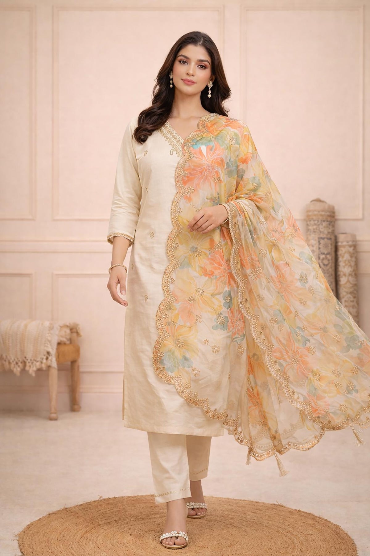 Ivory embroidered kurta set walking pose, floral dupatta flowing, straight pants, embellished flats.